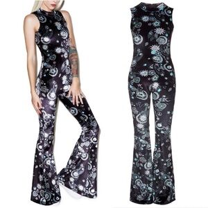 Jaded London Black Moon & Stars Print Flared Leg Catsuit Stretch Velvet Back Zip